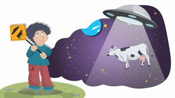 A little boy in red pants holds a warning sign against the background of a UFO that kidnaps a cow flat illustration vector