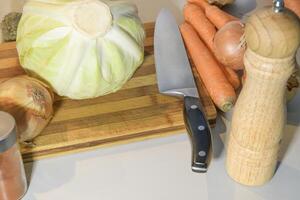 Vegetables - cabbage, carrots, onions for cutting on a cutting board. View before starting photo