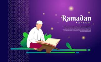 Happy Ramadan Kareem with the character of a person reading Quran. Beautiful for templates, websites, posters, cards, banners, social, presentations and print media. islamic flat design vector