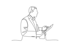 continuous line of business people in front of the pulpit speaking a presentation speech. one line art illustration vector