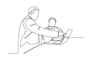 continues line employee presentation with boss in office pointing towards laptop. one line art illustration vector