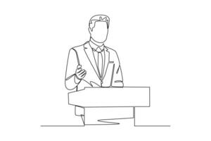 continuous line of business people making a presentation on the podium in front of many people. one line art illustration vector