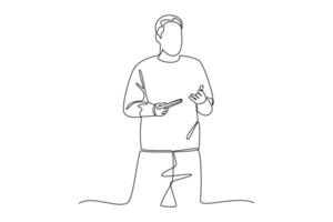 continues line of men standing on stage for presentation. one line art illustration vector