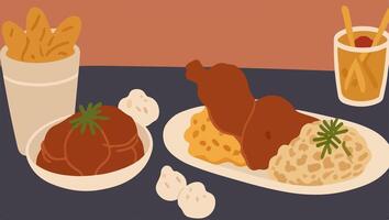 Comfort Food Classics - Mac and Cheese, Fried Chicken, and Potato Salad vector