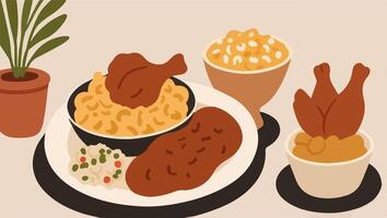 Comfort Food Classics - Mac and Cheese, Fried Chicken, and Potato Salad vector