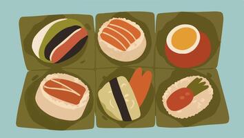 Handheld Sushi Burritos with Fresh Fish, Vegetables, and Rice Fillings vector