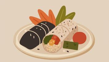 Handheld Sushi Burritos with Fresh Fish, Vegetables, and Rice Fillings vector