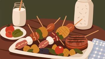 Assorted Skewers with Grilled Meats vector