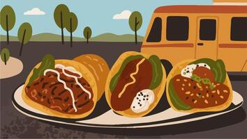 Fusion Tacos with Barbacoa, Curried Chicken, and Vegan Falafel Fillings vector