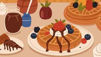 Waffles with Fresh Fruits, Chocolate Sauce, Whipped Cream, and Syrups vector