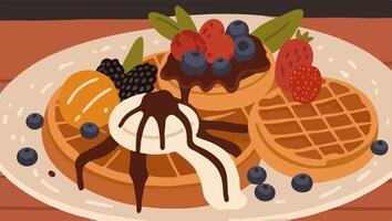Waffles with Fresh Fruits, Chocolate Sauce, Whipped Cream, and Syrups vector