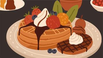 Waffles with Fresh Fruits, Chocolate Sauce, Whipped Cream, and Syrups vector