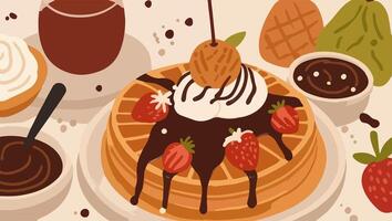 Waffles with Fresh Fruits, Chocolate Sauce, Whipped Cream, and Syrups vector