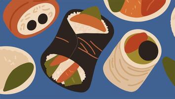 Handheld Sushi Burritos with Fresh Fish, Vegetables, and Rice Fillings vector