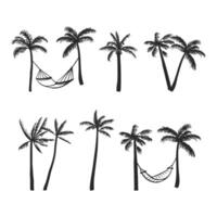 Black palm tree silhouettes set on white background. Monochrome hand drawn palms with hammock vector