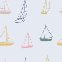 Seamless pattern with hand drawn sailing ships. Colorful simple sailboats vector