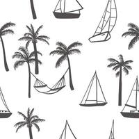 Hand drawn tropical palm trees and sailboats seamless pattern. Simple monochrome design for fabric, home textile, wrapping paper, cover vector