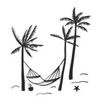 Hand drawn palm trees with hammock on the beach. Simple tropical landscape vector