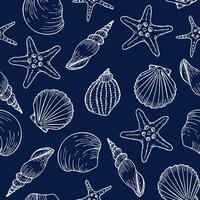 Underwater seamless pattern with seashells line art illustrations in white color on blue background. Scallop sketch, seashell line drawing. Summer ocean beach print for background, textile, fabric vector