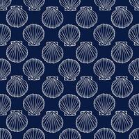 Underwater seamless pattern with seashells line art illustration in white color on dark blue background. Scallop sketch, seashell line drawing. Summer beach ocean print for background, textile, fabric vector