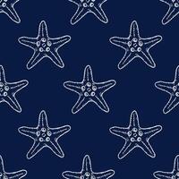Underwater seamless pattern with starfish line art illustration on dark blue background. Hand drawn sea star sketch, seashell drawing. Summer ocean beach print for background, textile, fabric vector