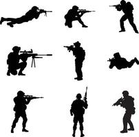 A collection of silhouettes of snipers in a variety of positions vector