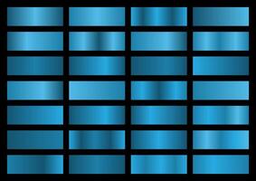 set of blue metallic gradients. Swatches collection. Shiny gradient set on black background. Metal texture vector