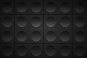 Dark grey abstract background. Dark squares with black circle. Perforated geometric black metallic background. Abstract material wallpaper vector