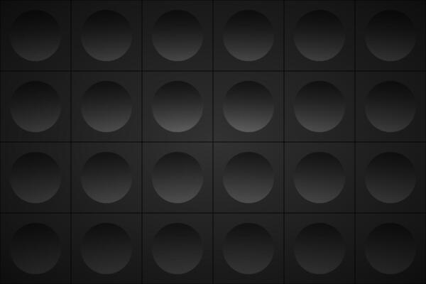 Dark grey abstract background. Dark squares with black circle. Perforated geometric black metallic background. Abstract material wallpaper