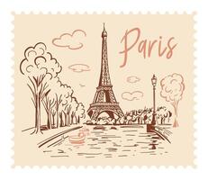 The Eiffel Tower in Paris with a postage stamp in the background of the city. Landmark of Paris. Linear illustration. Doodle style vector