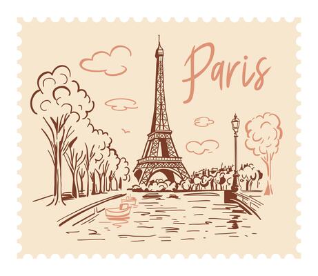 The Eiffel Tower in Paris with a postage stamp in the background of the city. Landmark of Paris. Linear illustration. Doodle style