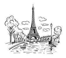 The Eiffel Tower in Paris with the city in the background. Landmark of Paris. Linear illustration. Doodle style vector