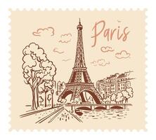 The Eiffel Tower in Paris with a postage stamp in the background of the city. Landmark of Paris. Linear illustration. Doodle style vector