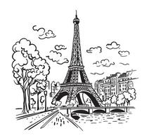 The Eiffel Tower in Paris with the city in the background. Landmark of Paris. Linear illustration. Doodle style vector