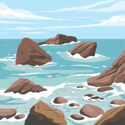 Bare rocks on a coastline with the sea gently washing