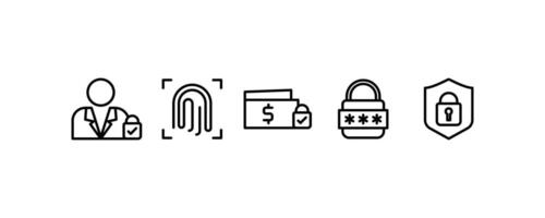 set of 5 line Cyber security icons as user access, fingerprint, secure payment. isolated on white editable background. vector