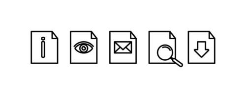 A set of 5 line icons, information, view document,mail,document search,document download, isolated on white editable background. vector
