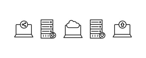 A set of 5 icons, Internet as sharing data, download server, cloud laptop in editable outline style, isolated on white background. vector