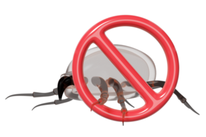 3d dust mites with warning sign isolated. concept of cleaning dust mites, bacteria, germs, 3d illustration render png