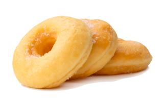 Side view of glazed sugar brown cinnamon donuts in stack isolated with clipping path and shadow in file format png