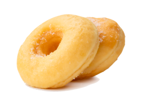 Side view of glazed sugar brown cinnamon donuts in stack isolated with clipping path and shadow in file format png