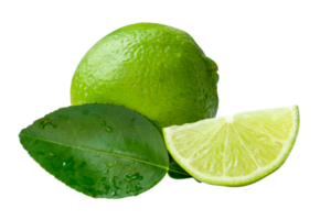 Front view of green lemon fruit with slice or quarter and green leaf in stack isolated with clipping path in file format png