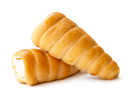 Side view of brown puff pastry cream horns in stack isolated with clipping path and shadow in file format. png