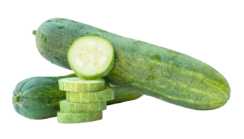 Side view and front view of green cucumbers with slices or pieces in circle shape in stack isolated with clipping path in file format png