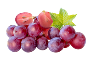 Front view of red grapes or purple grapes with halves and green leaf isolated with clipping path in file format png
