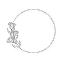 Hand drawn floral frame in line style. Set simple minimal wreath with flower and leaf branch. vector