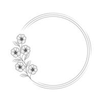 Hand drawn floral frame in line style. Set simple minimal wreath with flower and leaf branch. vector