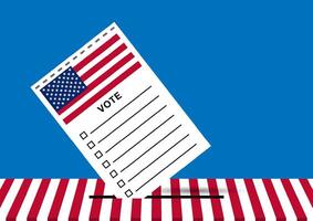 An American voting ballot being inserted into a ballot box on blue background. vector