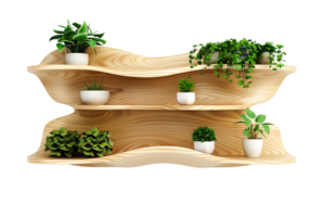 wooden shelf with an undulating design features potted plants of varying sizes and styles isolated on transparent background png
