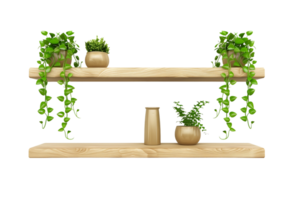 wooden shelf with multiple potted plants and a vase isolated on transparent background png